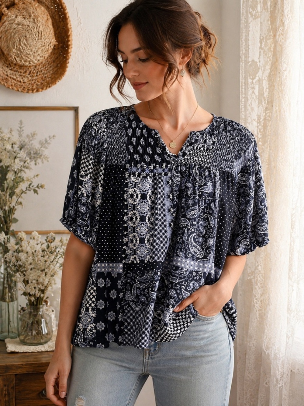 Alex & Lili Patchwork Boho Peasant Blouse | Navy Blue Paisley Smocked Top M